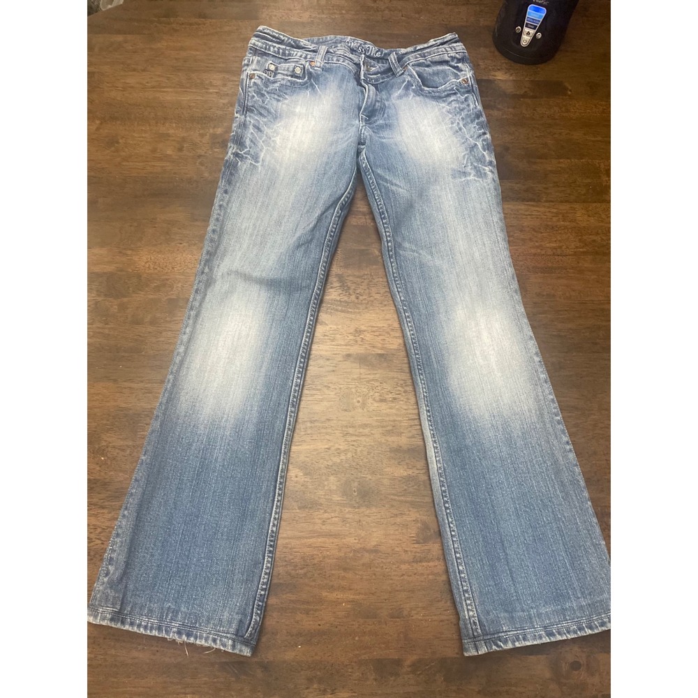 Miss Me Women Light Wash Bootcut Jeans Rhinestone Logo Flap Pocket Low Rise w29